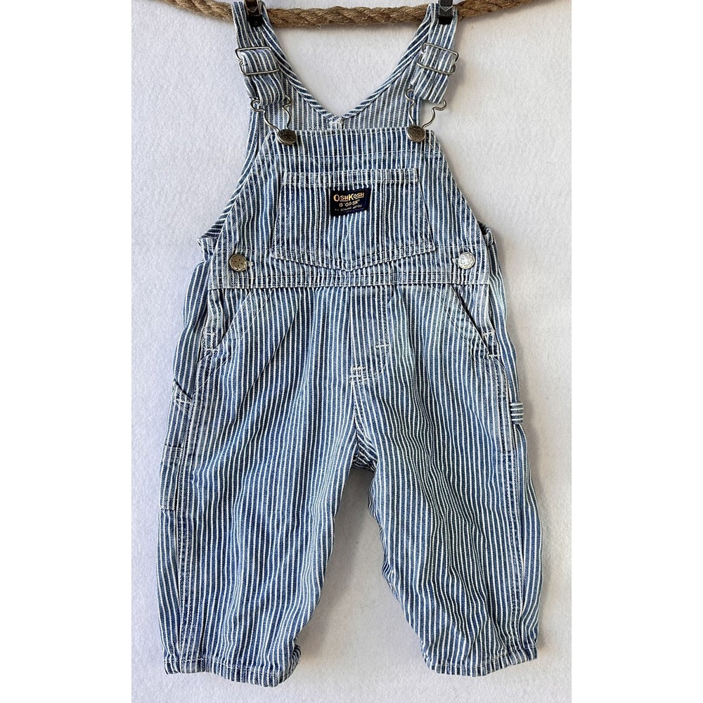 OshKosh B'gosh Striped Denim Overalls Baby 12M Blue Excellent